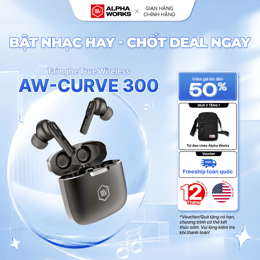Tai nghe True Wireless Alpha Works Curve 300 với hộp sạc kim loại