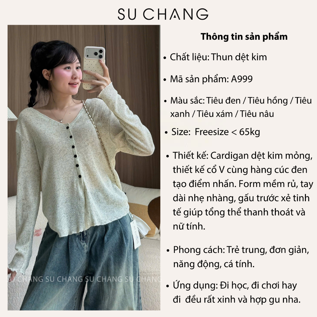 Áo Thun Cổ V Dệt Kim Tiêu Dài Tay Cúc Dọc A999 Su Chang Thời Trang Nữ | BigBuy360 - bigbuy360.vn