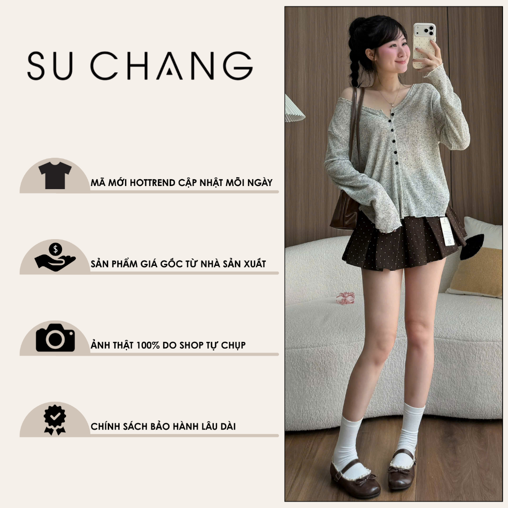 Áo Thun Cổ V Dệt Kim Tiêu Dài Tay Cúc Dọc A999 Su Chang Thời Trang Nữ | BigBuy360 - bigbuy360.vn