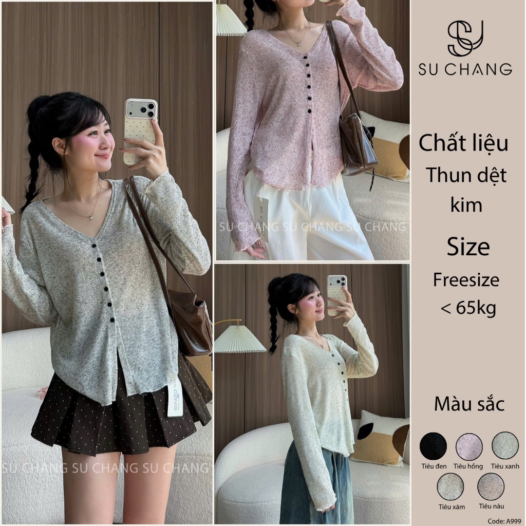 Áo Thun Cổ V Dệt Kim Tiêu Dài Tay Cúc Dọc A999 Su Chang Thời Trang Nữ | BigBuy360 - bigbuy360.vn