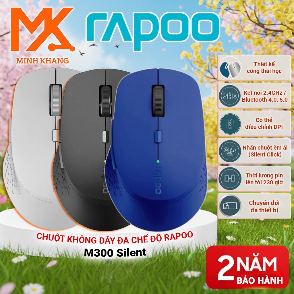 Chuột không dây Rapoo M300 Silent – Đa kết nối BT/2.4GHz, DPI linh hoạt, pin 12 tháng & Rapoo V28S GAMING