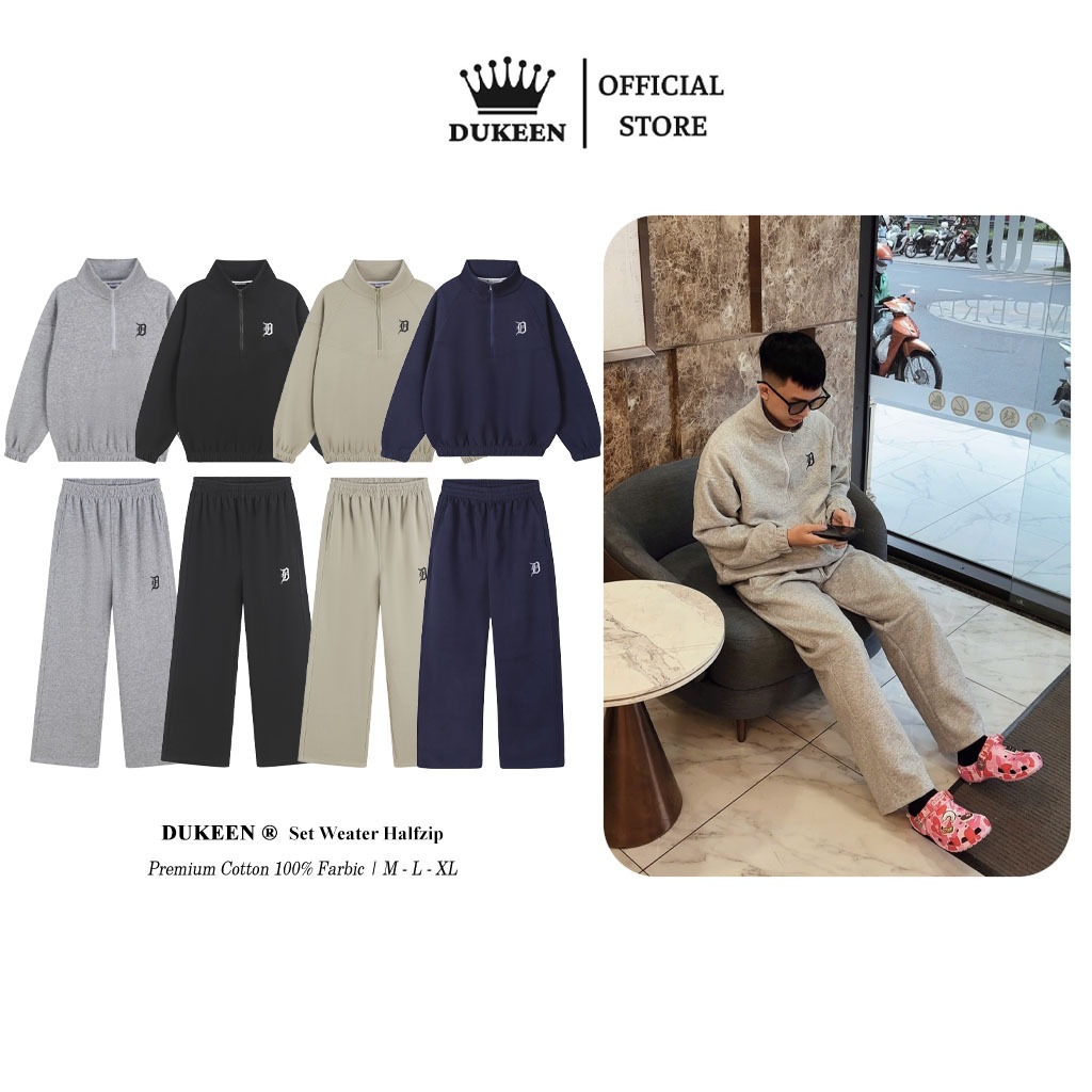 Set Bộ Nỉ Nam Nữ Premium Không Xù Lông Thêu D, Áo Halfzip Sweater Sweater DK103