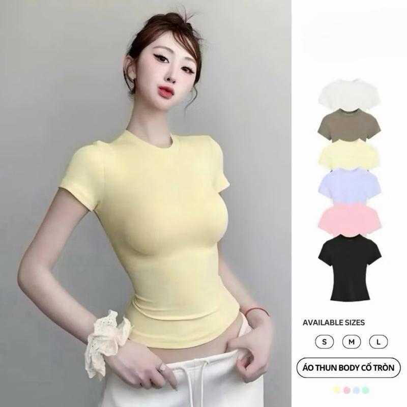 Áo thun cổ tròn chất thun gân tăm,Áo thun nữ form ôm Babytee,áo thun body thắt eo | BigBuy360 - bigbuy360.vn