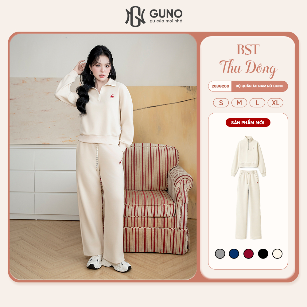 Bộ Quần Áo Nỉ Nữ GUNO Kéo Khóa Cổ Thêu Ngựa Kèm Quần Suông Hack Dáng Bộ Thu Đông Cao Cấp 26BG200
