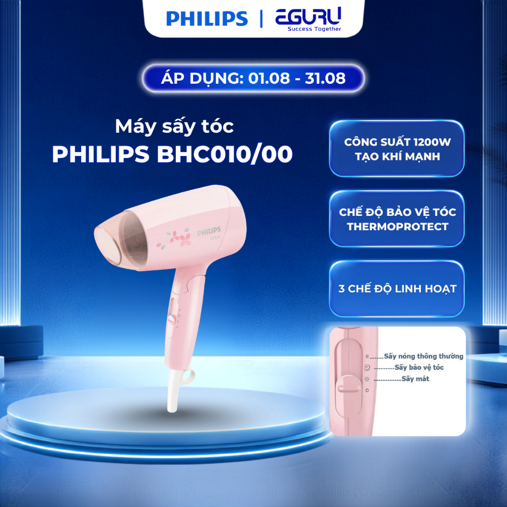 Máy sấy tóc Philips BHC010/00 (Màu Hồng) - Hàng Chính Hãng - Bảo Hành 24 Tháng