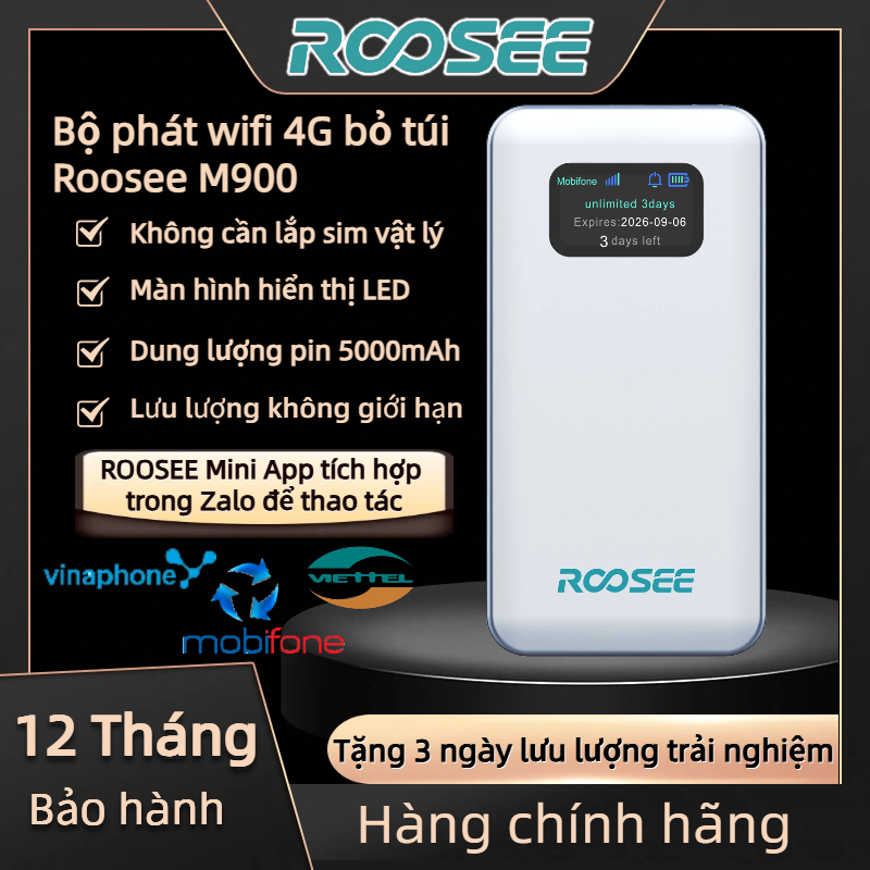 Roosee M900 Bộ phát wifi 4G, Phát WIFI,Màn hình LED 5000mAh,Lưu lượng không giới hạn