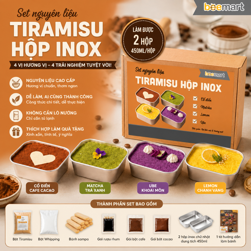 [2 Bánh] Set Nguyên Liệu Làm Bánh Tiramisu Beemart – Đầy Đủ Đồ Làm Bánh Tiện Lợi (Nhiều Vị)