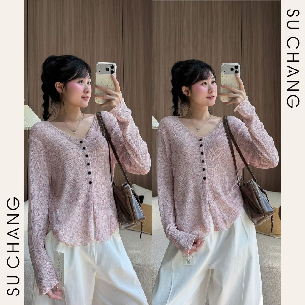 Áo Thun Cổ V Dệt Kim Tiêu Dài Tay Cúc Dọc A999 Su Chang Thời Trang Nữ | BigBuy360 - bigbuy360.vn