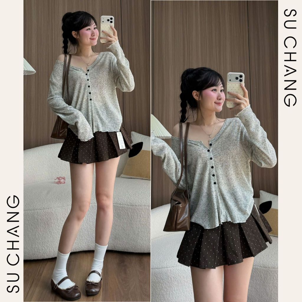 Áo Thun Cổ V Dệt Kim Tiêu Dài Tay Cúc Dọc A999 Su Chang Thời Trang Nữ | BigBuy360 - bigbuy360.vn