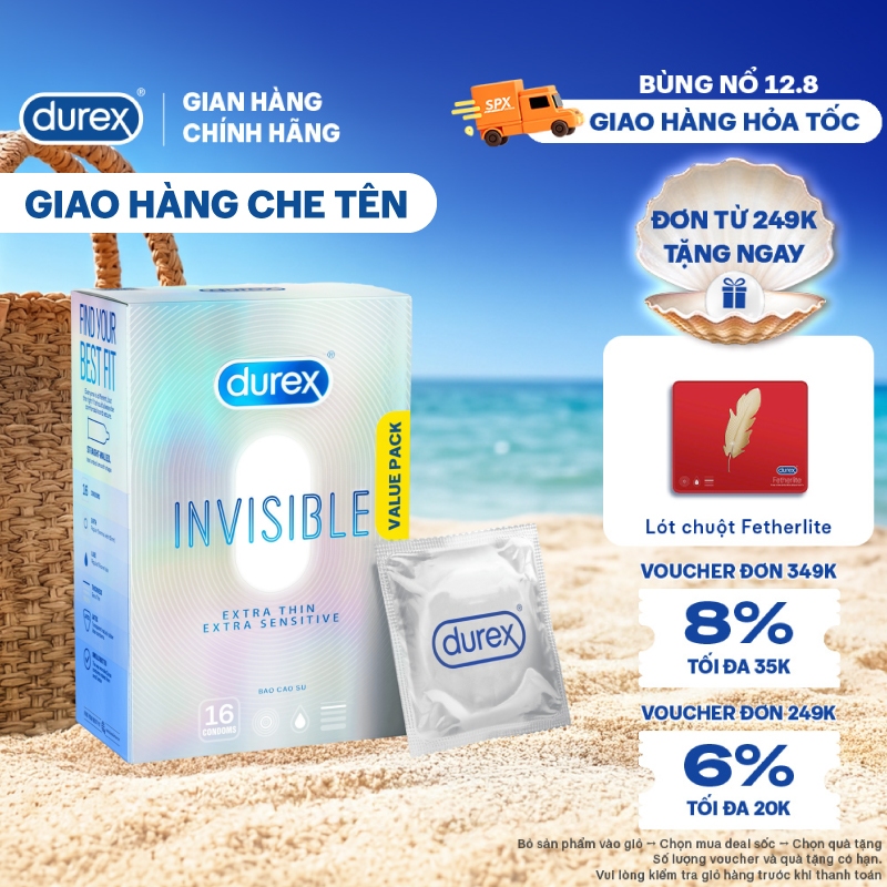 Bao Cao Su Durex Invisible Siêu Mỏng, Size 52 mm, Hộp 16 Bao Mới Ra Mắt – Hộp Lớn Siêu Tiết Kiệm