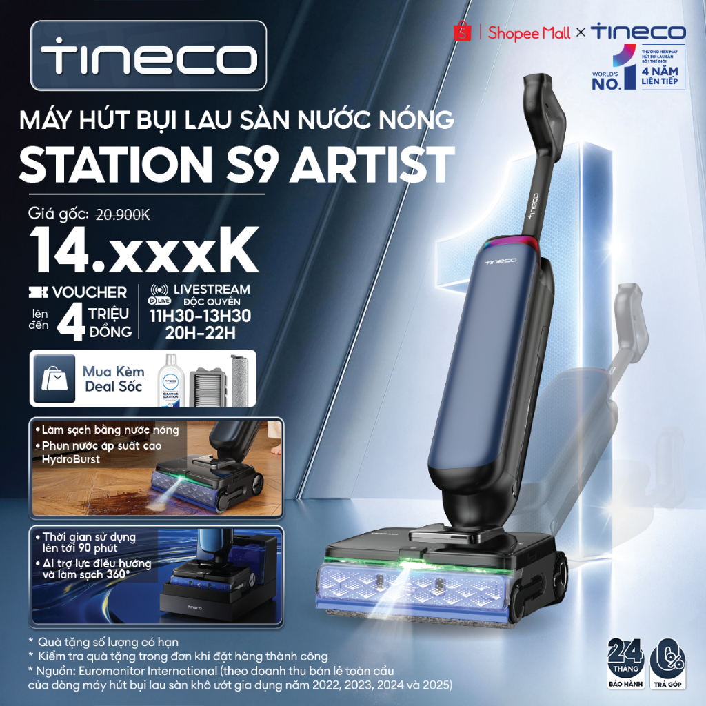 Tineco Floor One Station S9 Artist Máy hút bụi lau sàn nước nóng - Phun nước áp suất cao HydroBurst - Tối đa 90 phút