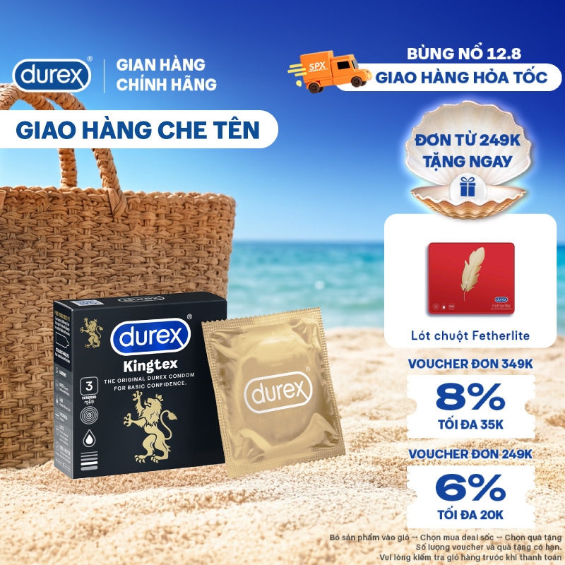 Bao cao su Durex Kingtex ôm sát, bôi trơn, size 49mm, hộp 3 bao