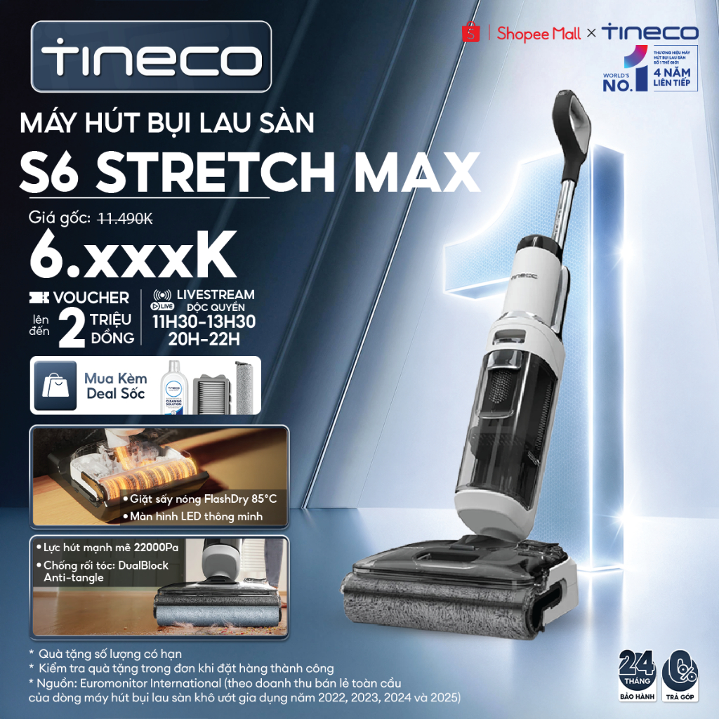 Tineco Floor One S6 Stretch Max Máy hút bụi lau sàn khô ướt - Lực hút 22000pa - Chống rối tóc - Giặt sấy nóng 85°C