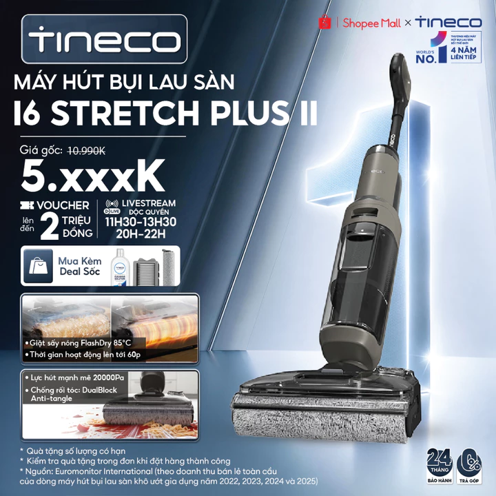 Tineco Floor One i6 Stretch Plus II | I6 Stretch Plus Máy hút bụi lau sàn khô ướt - Lực hút 22000Pa - Giặt sấy nóng