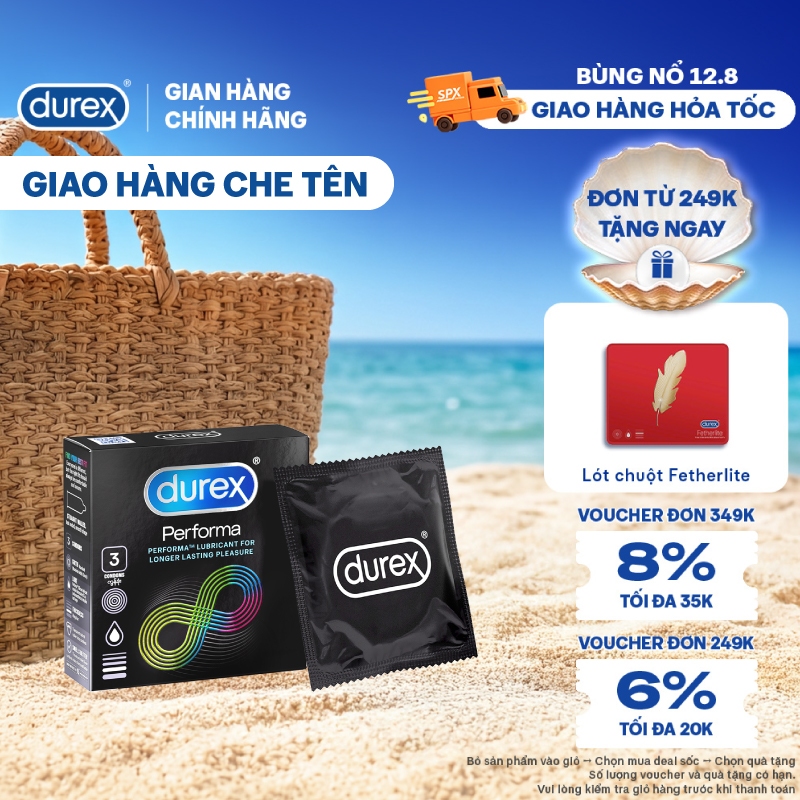Bao cao su Durex Performa kéo dài thời gian, size 52mm, 3 bao/hộp)