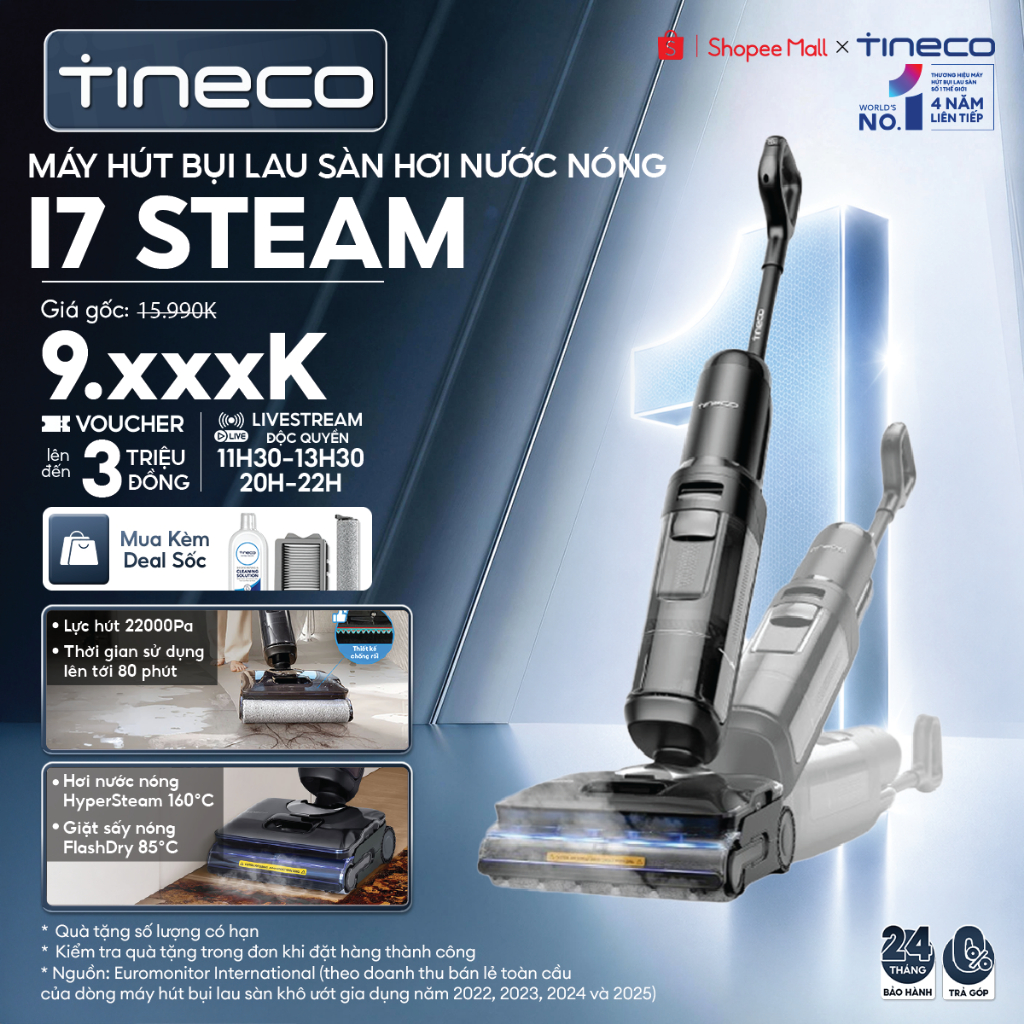 Tineco Floor One I7 Steam Máy hút bụi lau sàn hơi nước nóng HyperSteam 160°C - Lực hút 22.000Pa  - Bảo hành 24 Tháng