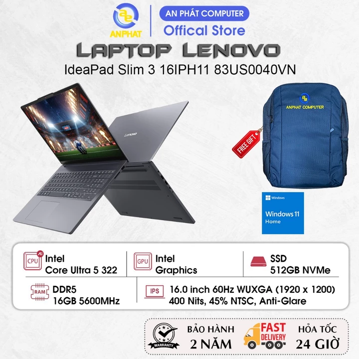 Laptop Lenovo IdeaPad Slim 3 16IPH11 83US0040VN, Core Ultra 5 322, 16GB RAM, 512GB SSD, 16.0 FHD+ IPS, Win11