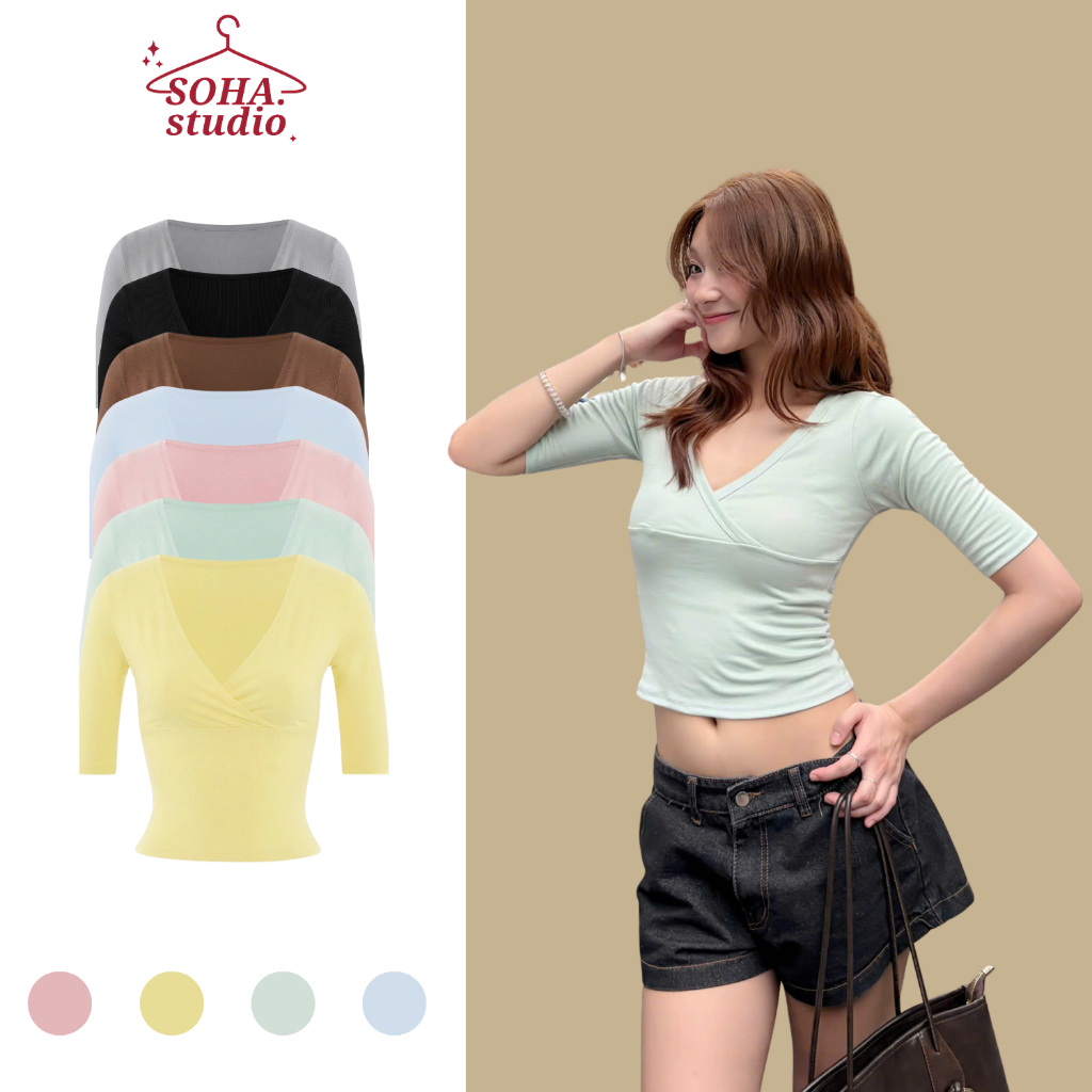 [TAY LỬNG] Áo Thun Nữ Cổ V Chéo Ngực Tay Lửng Ôm Body Co Giãn Tôn Dáng, Áo Thun Nữ Dài Tay Basic Nhiều Màu