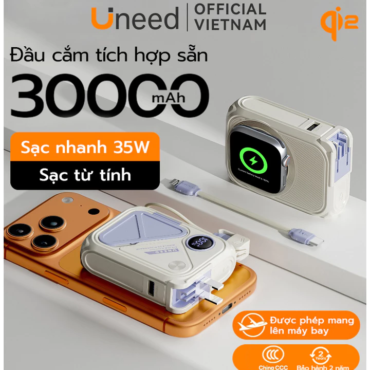 【Qi2+CCC】Sạc Dự Phòng UNEED 30000/20000mAh Sạc Nhanh PD 20W 35W Sạc Không Dây, Cục Sạc Dựng Phòng Đầu AC