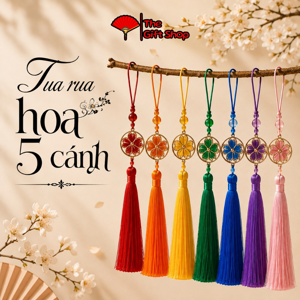 Tua rua HOA 5 CÁNH móc khoá cổ trang cao cấp Hoa Năm Cánh treo balo, túi xách