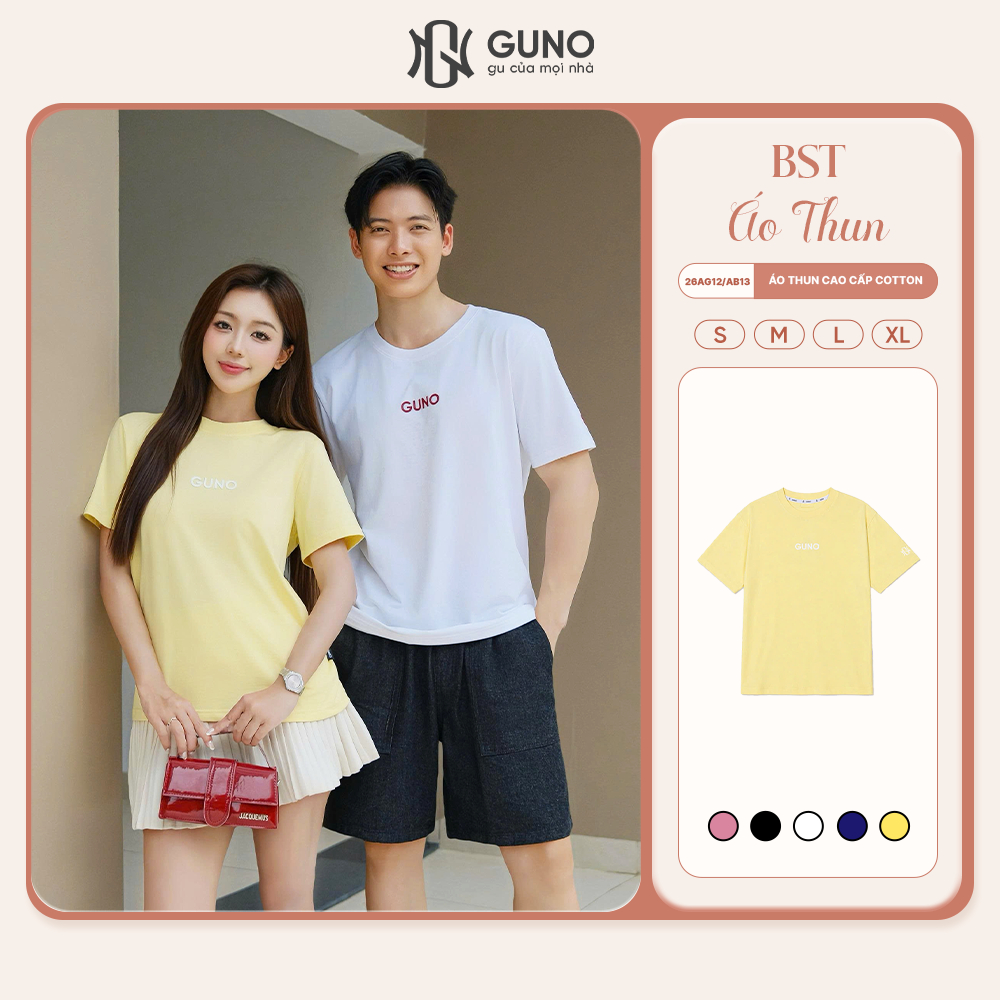 Áo Thun Nam Nữ GUNO Cao Cấp Cotton Co Giãn Mềm Mát Thoáng Khí Cổ Tròn Basic Logo Dập Nổi 26AG12/AB13