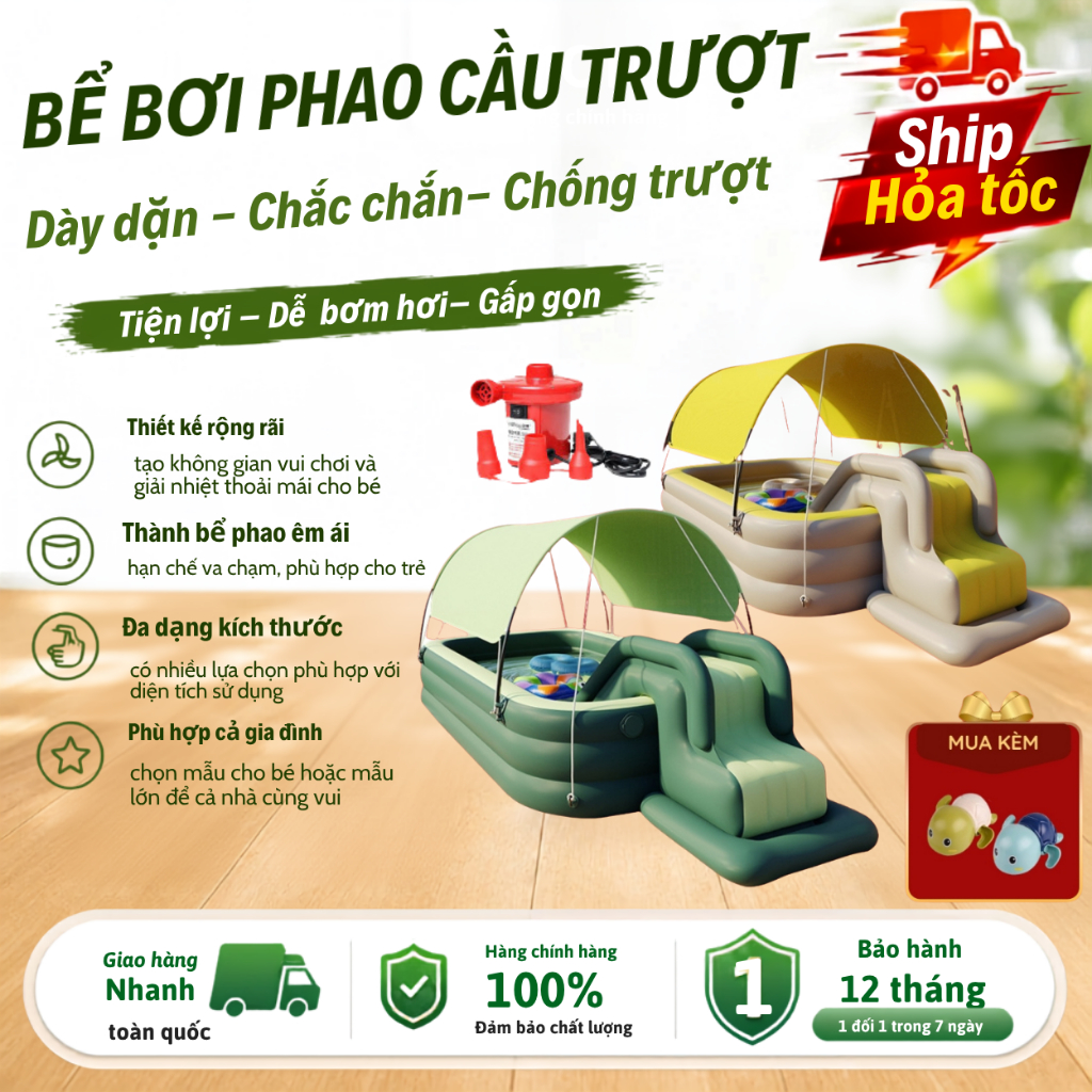 Bể Bơi Phao Cầu Trượt KAW 2M6, 3M Chống Trượt, Mái Che Nắng Cao Cấp Gấp Gọn, An Toàn