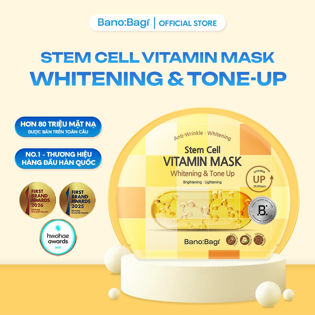 Mặt Nạ Bano:Bagi Stem Cell Vitamin Mask Whitening & Tone-up chức năng kép dưỡng trắng và nâng tone 30ml