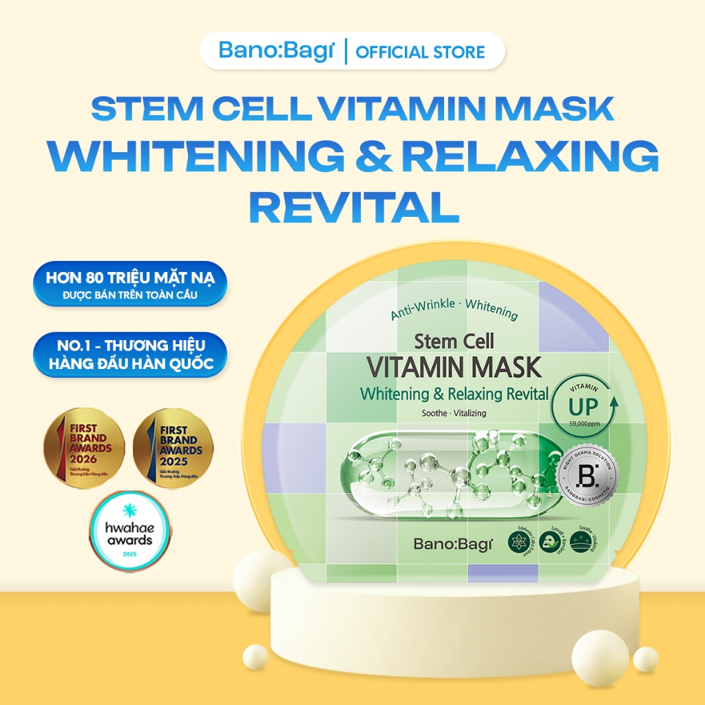Mặt Nạ Bano:Bagi Stem Cell Vitamin Mask Whitening & Relaxing Revital chức năng kép dưỡng trắng và làm dịu da 30ml