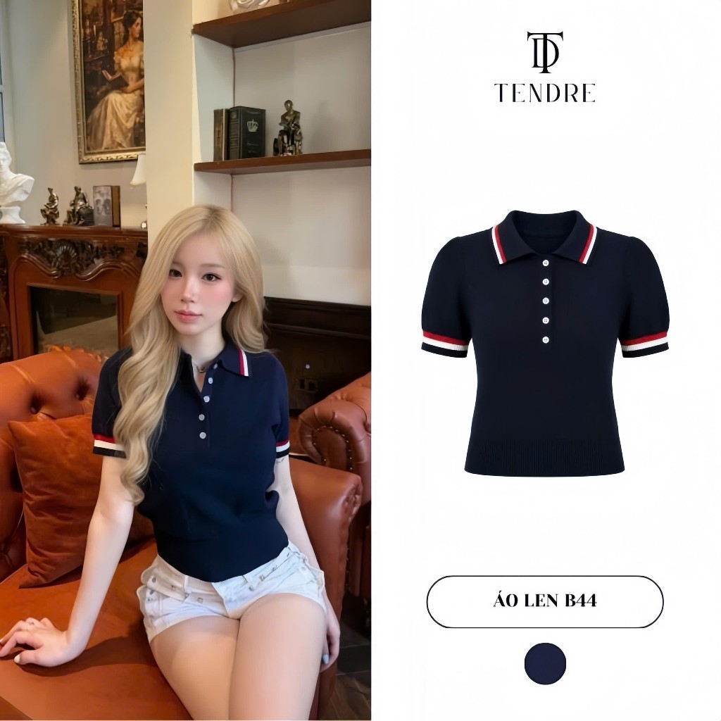 [ Back To School ] TENDRE - Áo Len Polo Nữ Dệt Kim Tay Ngắn Cổ Bẻ Phối Màu, Áo Len Cài Cúc Basic Thanh Lịch B44