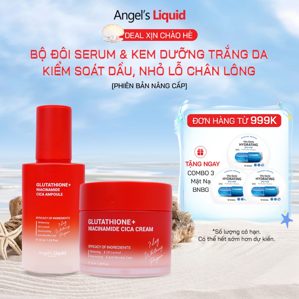 Bộ Đôi Serum & Kem Dưỡng Làm Trắng, Kiểm Soát Dầu Angel's Liquid Glutathione +Niacinamide +Arbutin CICA