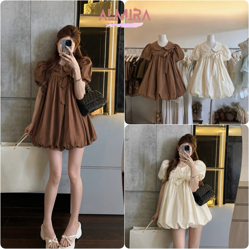 [TẶNG QUẦN TRONG] Váy Bí Cổ Sen Tay Phồng Nơ Nguc Chất Gió Nhăn Almira | BigBuy360 - bigbuy360.vn