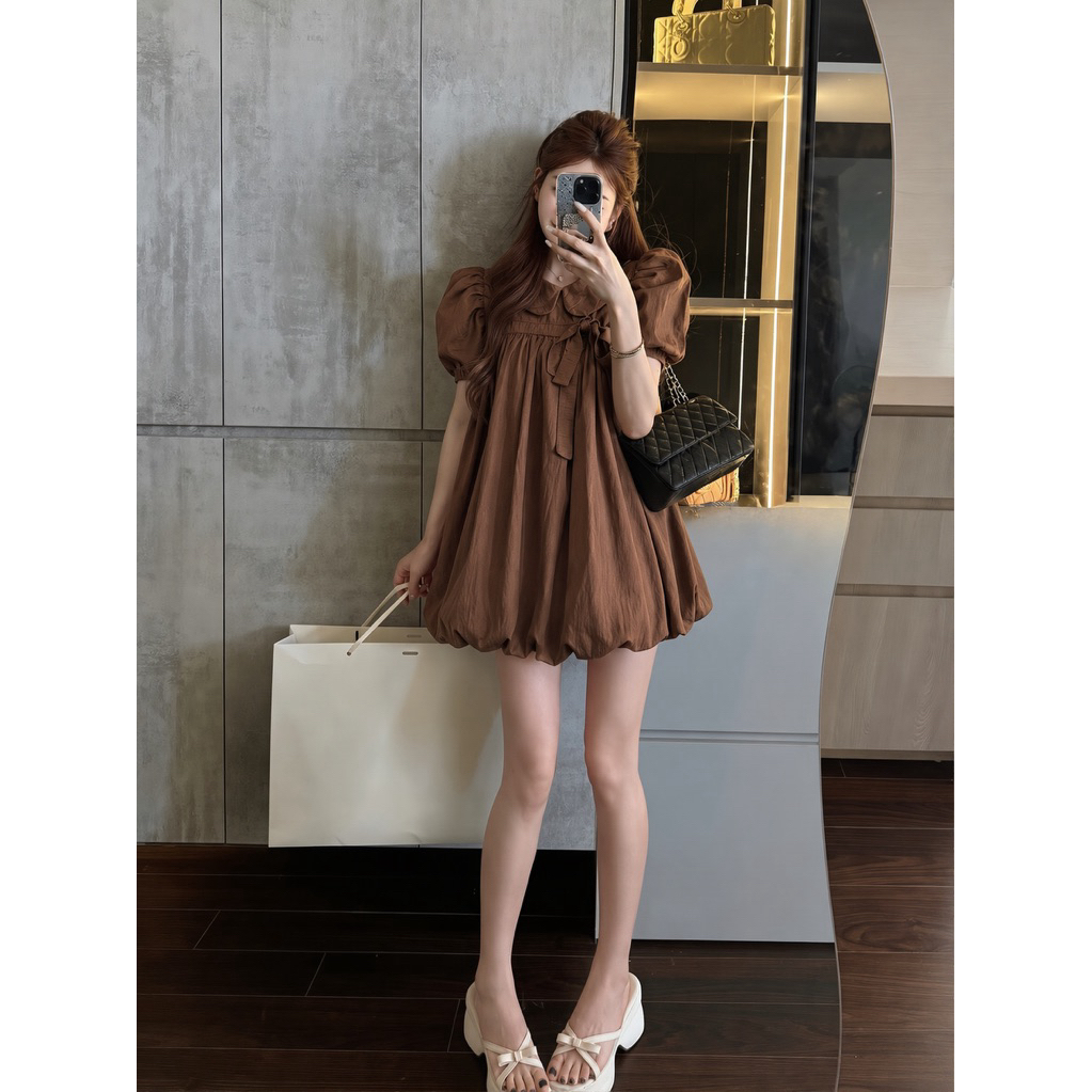 [TẶNG QUẦN TRONG] Váy Bí Cổ Sen Tay Phồng Nơ Nguc Chất Gió Nhăn Almira | BigBuy360 - bigbuy360.vn