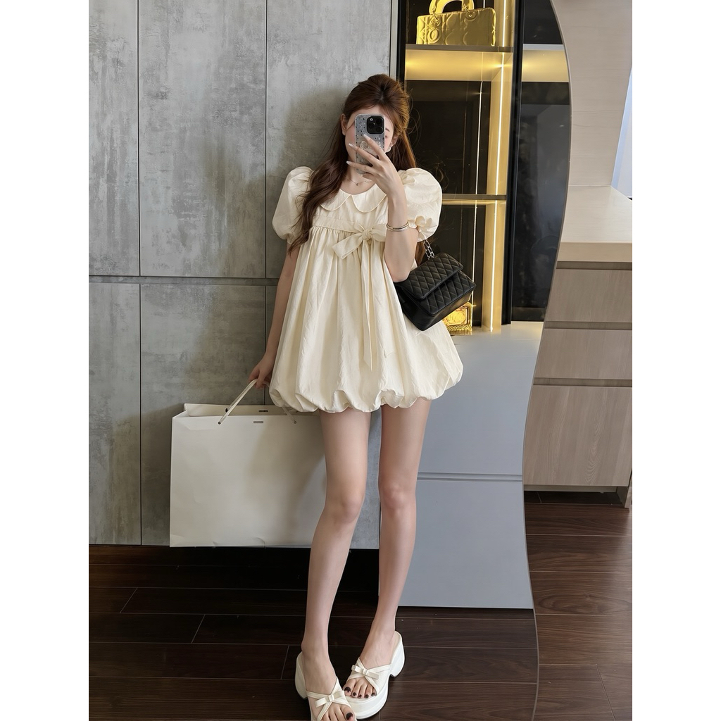 [TẶNG QUẦN TRONG] Váy Bí Cổ Sen Tay Phồng Nơ Nguc Chất Gió Nhăn Almira | BigBuy360 - bigbuy360.vn