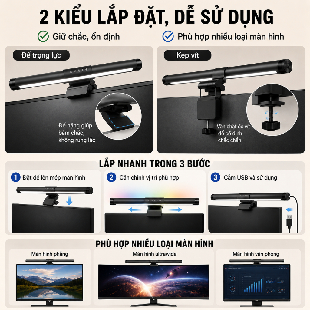 Thanh đèn màn hình màn hình máy tính ONR, Thanh đèn màn hình chăm sóc mắt vô cấp, Đèn LED làm mờ 44cm Nghiên cứu là | BigBuy360 - bigbuy360.vn
