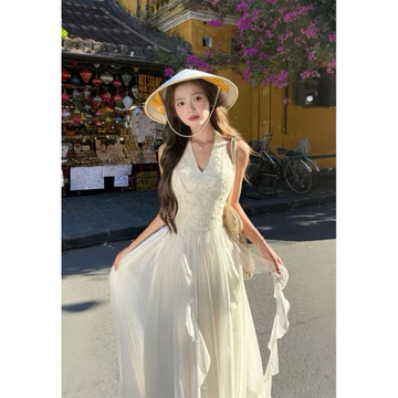 Đầm ren cổ yếm phối tơ bèo dáng xoè dài cực xinh, đầm xinh dự tiệc, đầm đi đám cưới, đầm phù dâu, đầm cho dâu đi bàn