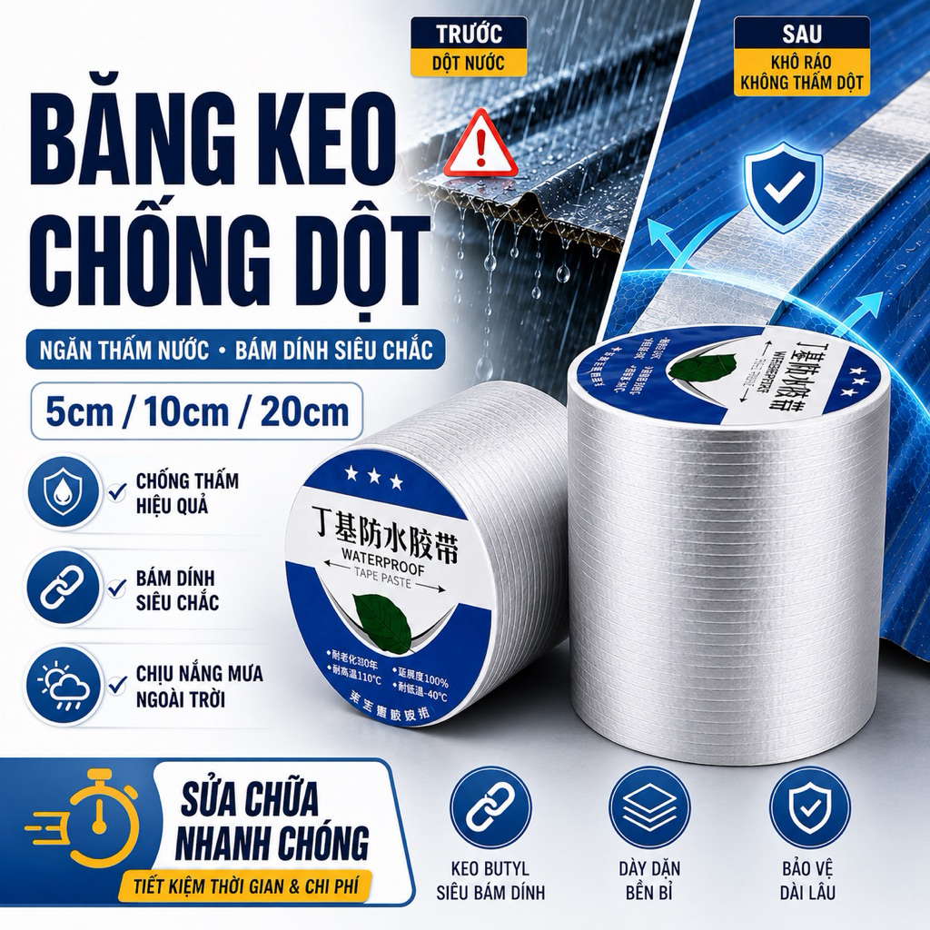 Băng Keo Chống Dột Cuộn 5 Mét 5cm/10cm/20cm – Keo Dán Siêu Dính Chống Thấm  Nước