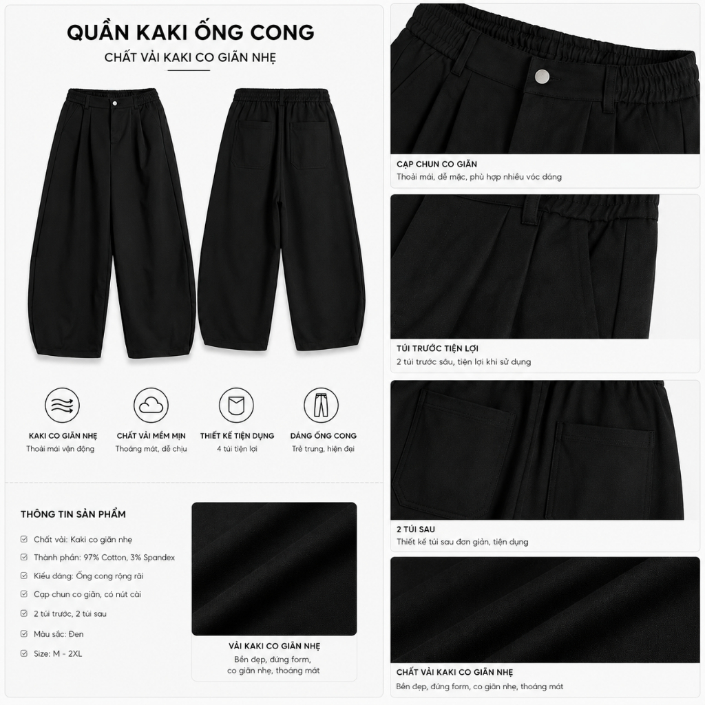 Quần Kaki ống rộng cong PN STORE form rộng chất kaki mềm mịn không nhăn cạp khoá chun QOC1 | BigBuy360 - bigbuy360.vn