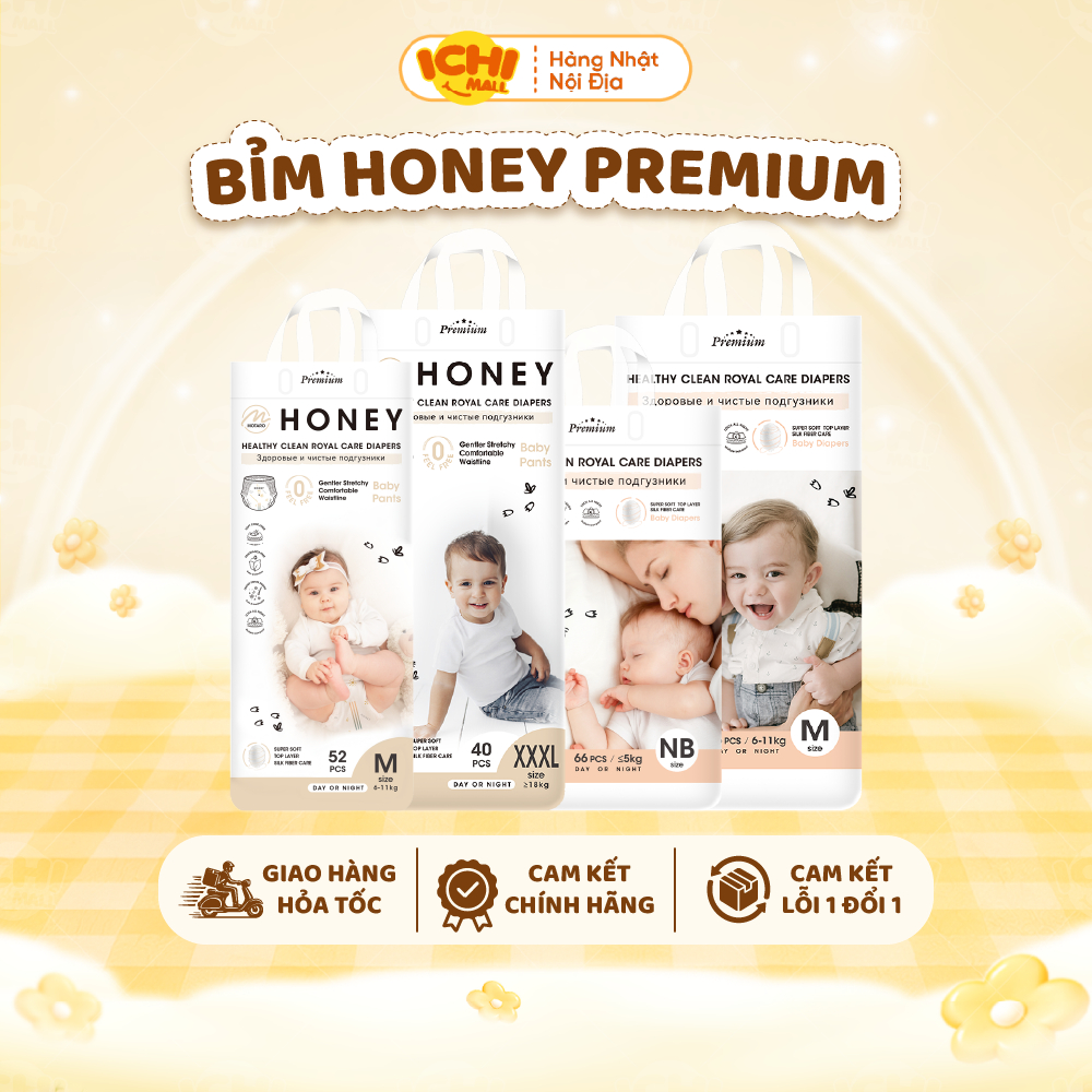 Tã/bỉm Honey Premium dán/quần tơ tằm siêu mỏng nhẹ, thấm hút tốt đủ size cho bé_Ichimall