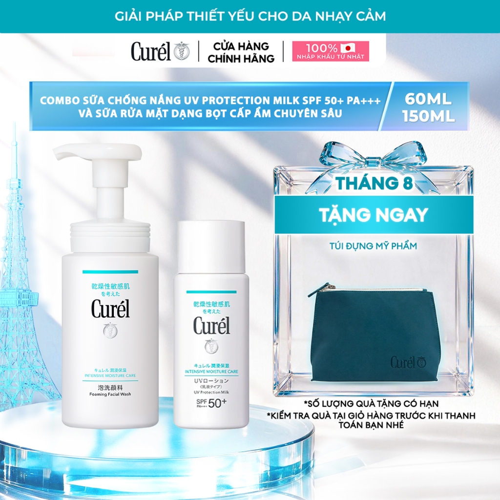 Combo Curél Sữa chống nắng UV Protection Milk SPF 50+ PA+++ 60ml và Sữa rửa mặt dạng bọt cấp ẩm chuyên sâu 150ml