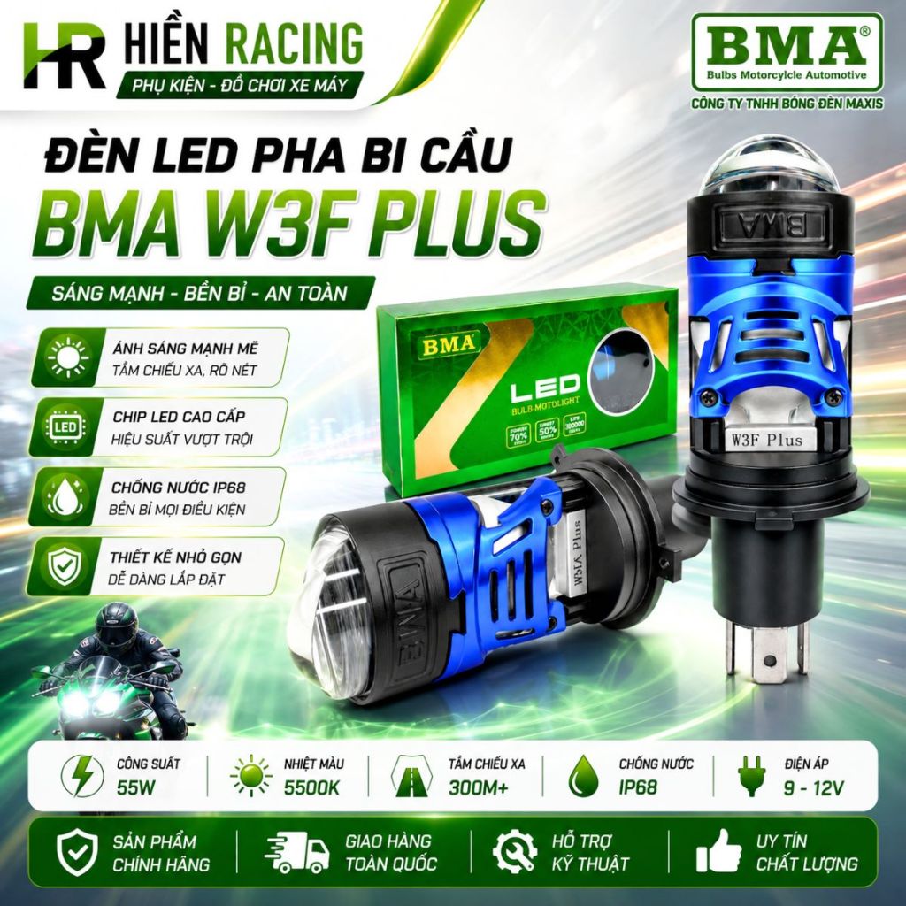 Đèn Pha LED Bi Cầu BMA W3F 60W Ánh Sáng Cực Mạnh, Trợ Pha Laser Bảo Hành 12 Tháng