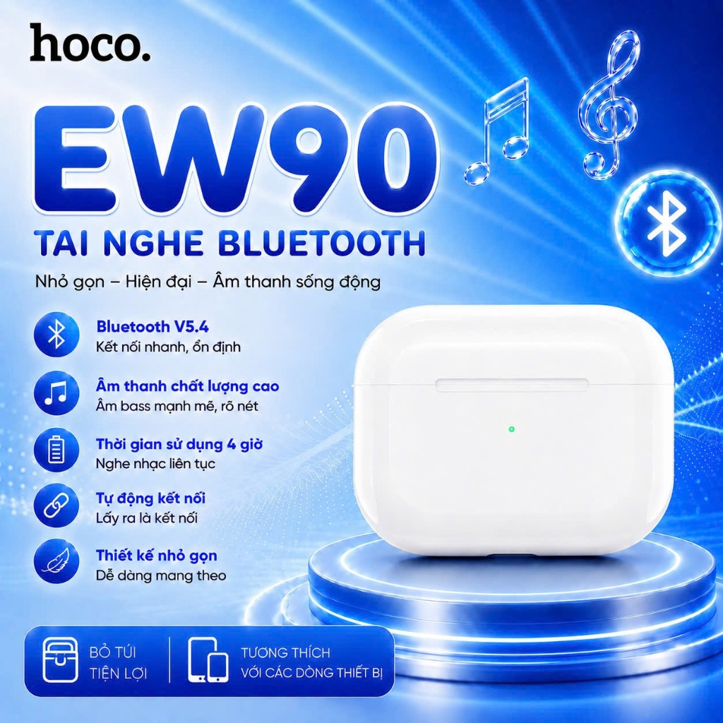 Tai nghe Bluetooth V5.4 Hoco EW90 Thiết kế nhỏ gọn, Pin 300mAh, sử dụng đến 4h