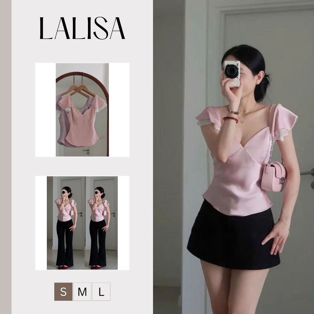 Áo Lụa Tay Bèo Cánh Tiên Hai Lớp Mix Tơ Cúp Hai Dây Form Chiết Eo LALISA Áo Lụa Satin Tay Cánh Tiên Cổ V AO019