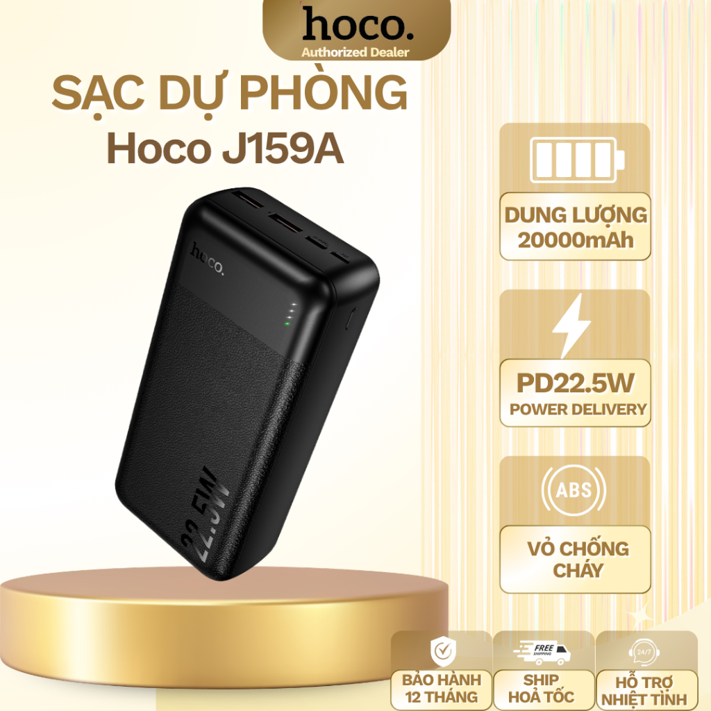 Sạc Dự Phòng Hoco J159A 20000mAh – Sạc Nhanh 22.5W, 3 Cổng C+A+A Sạc 3 Thiết Bị Cùng Lúc, Đèn LED Báo Phần Trăm Pin
