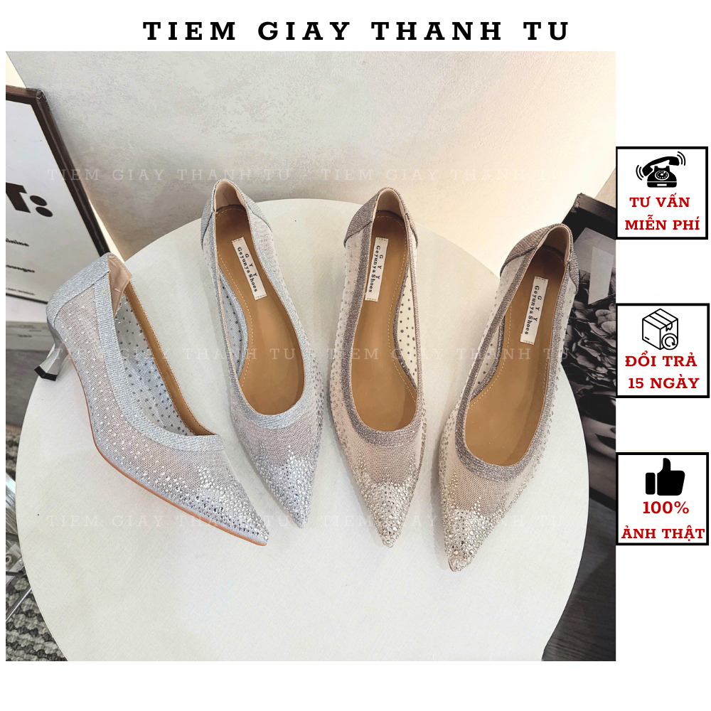 D12-1 Giày cao gót nữ mũi nhọn phối lưới đính đá sang trọng, giày cao gót 5cm đi tiệc cưới công sở