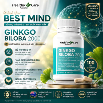 Viên Bổ Não Bạch Quả Healthy Care Ginkgo Biloba 2000mg Hộp 100 Viên - Giảm Đau Đầu, Hoa Mắt, Mất Ngủ, Cải Thiện Giấc Ngủ