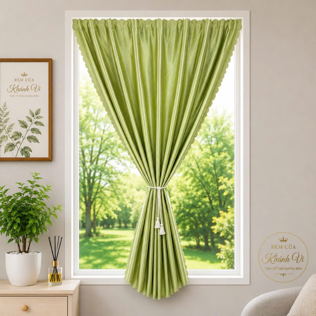 Rèm Cửa Dán Tường màu XANH CỐM, Rèm Cửa Sổ Không Cần Khoan, Chất Liệu Vải Gấm Cao Cấp
