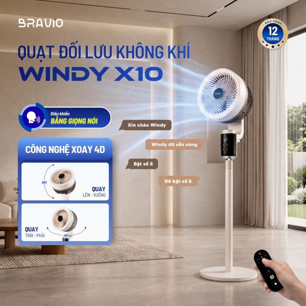 Quạt Đối Lưu Tuần Hoàn Không Khí Bravio Windy X10 – Điều Khiển Giọng Nói, Khuếch Tán Tinh Dầu
