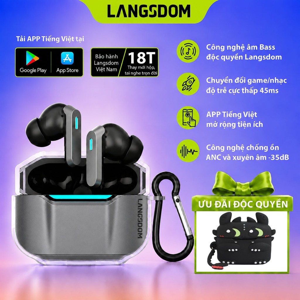 Tai nghe bluetooth Langsdom Zeta, Bass trầm ấm, APP Tiếng Việt, Bluetooth 6.0, Độ trễ thấp 45ms, ANC | BigBuy360 - bigbuy360.vn