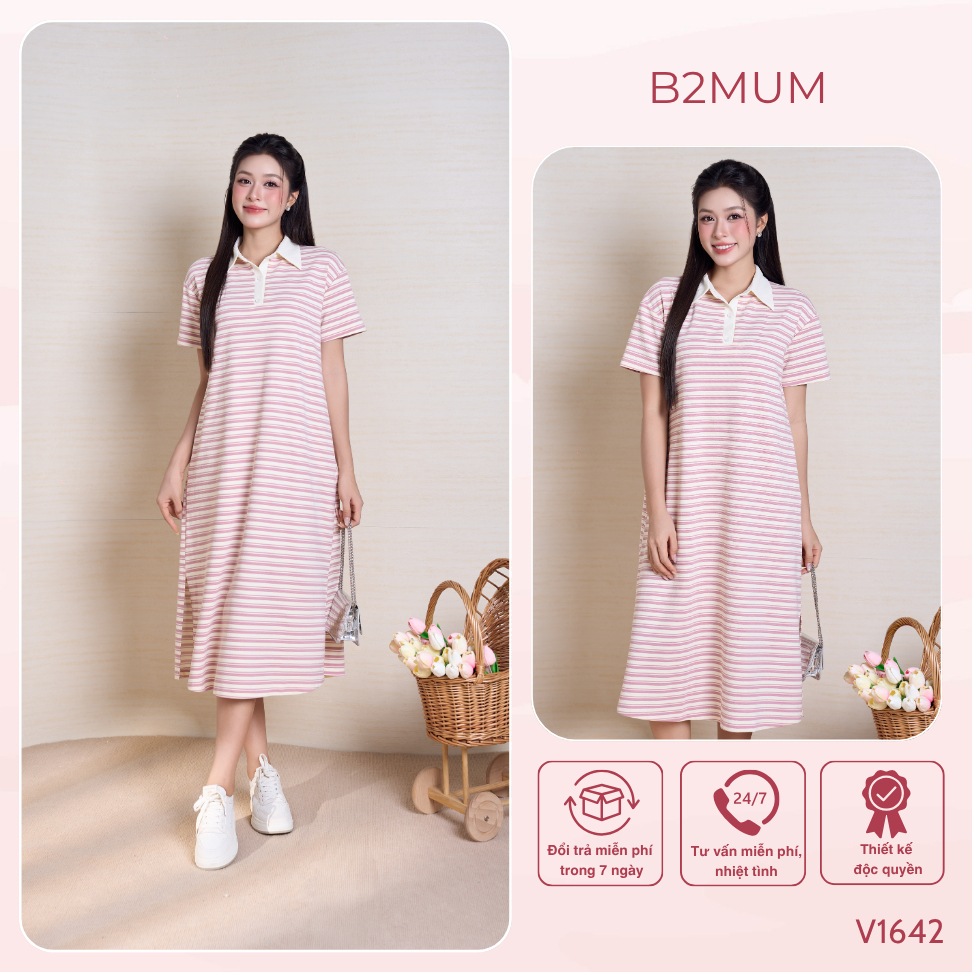 Đầm Bầu Sọc Ngang Hồng Trắng Chất Cotton Mềm Co Giãn - Váy Bầu Đi Làm, Đi Chơi Thoải Mái - Brina Dress V1642 By B2MUM
