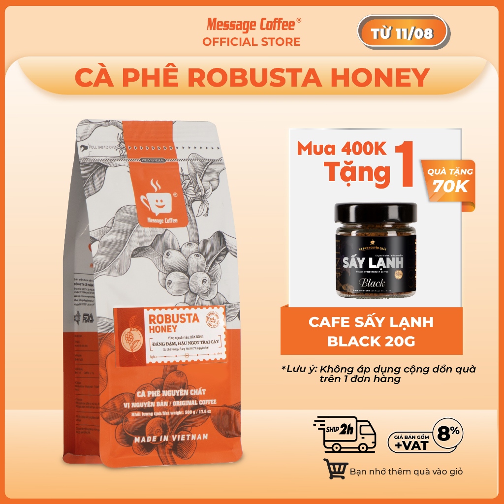 Cà phê Robusta Honey nguyên chất rang mộc 100% vị đắng đầm hậu ngọt thơm nồng dùng pha phin pha máy từ Message Coffee